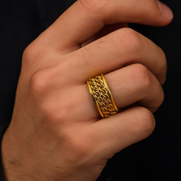Men’s Double Chain Spinner Ring – 18K Gold Plated Stainless Steel - Picture 2 of 5